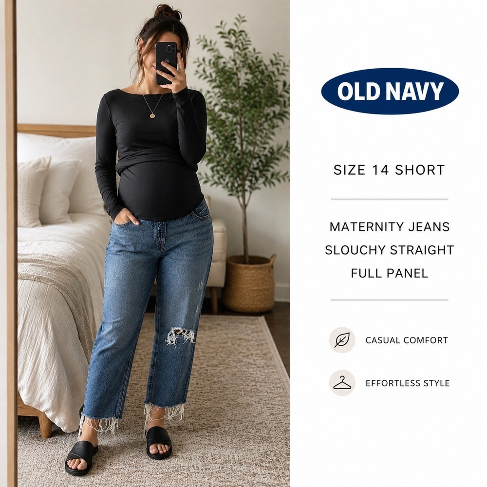 Old Navy Slouchy Straight Maternity 14 Short Blue Relaxed Distressed Raw Hem